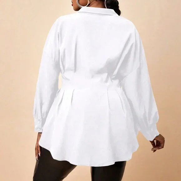 White Casual Women's Plus Size Long Sleeve Blouse Shirt - Picture 2 of 5
